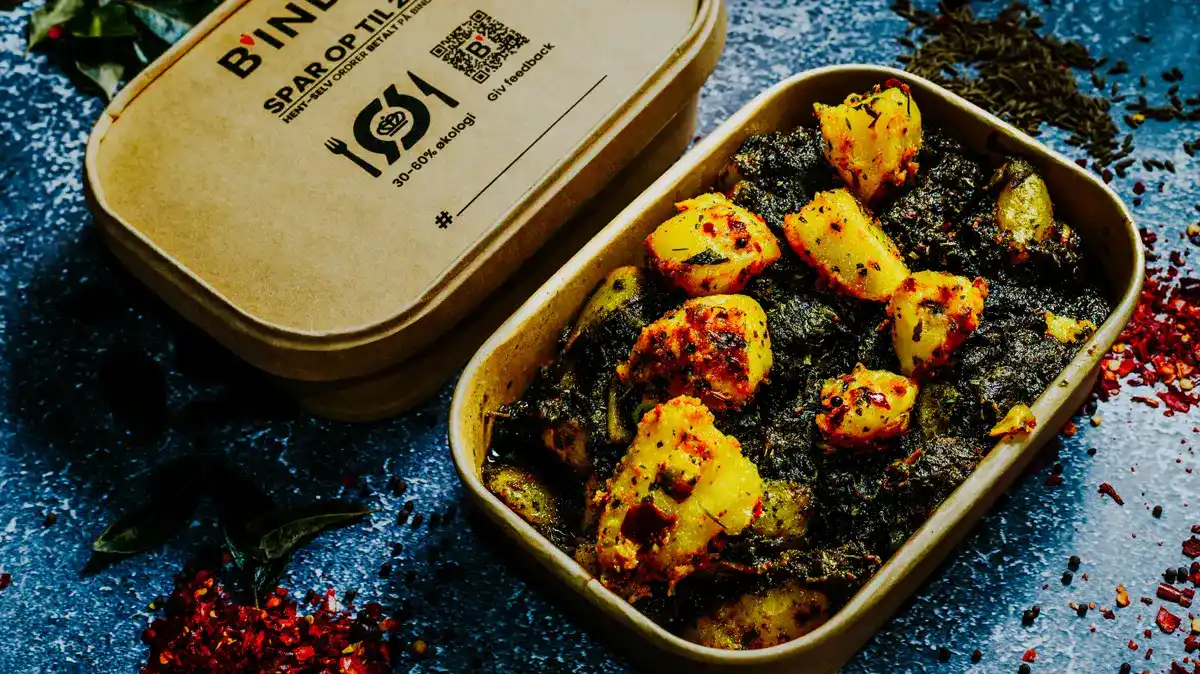 Spinach Aloo i takeaway-bakke hos Bindia